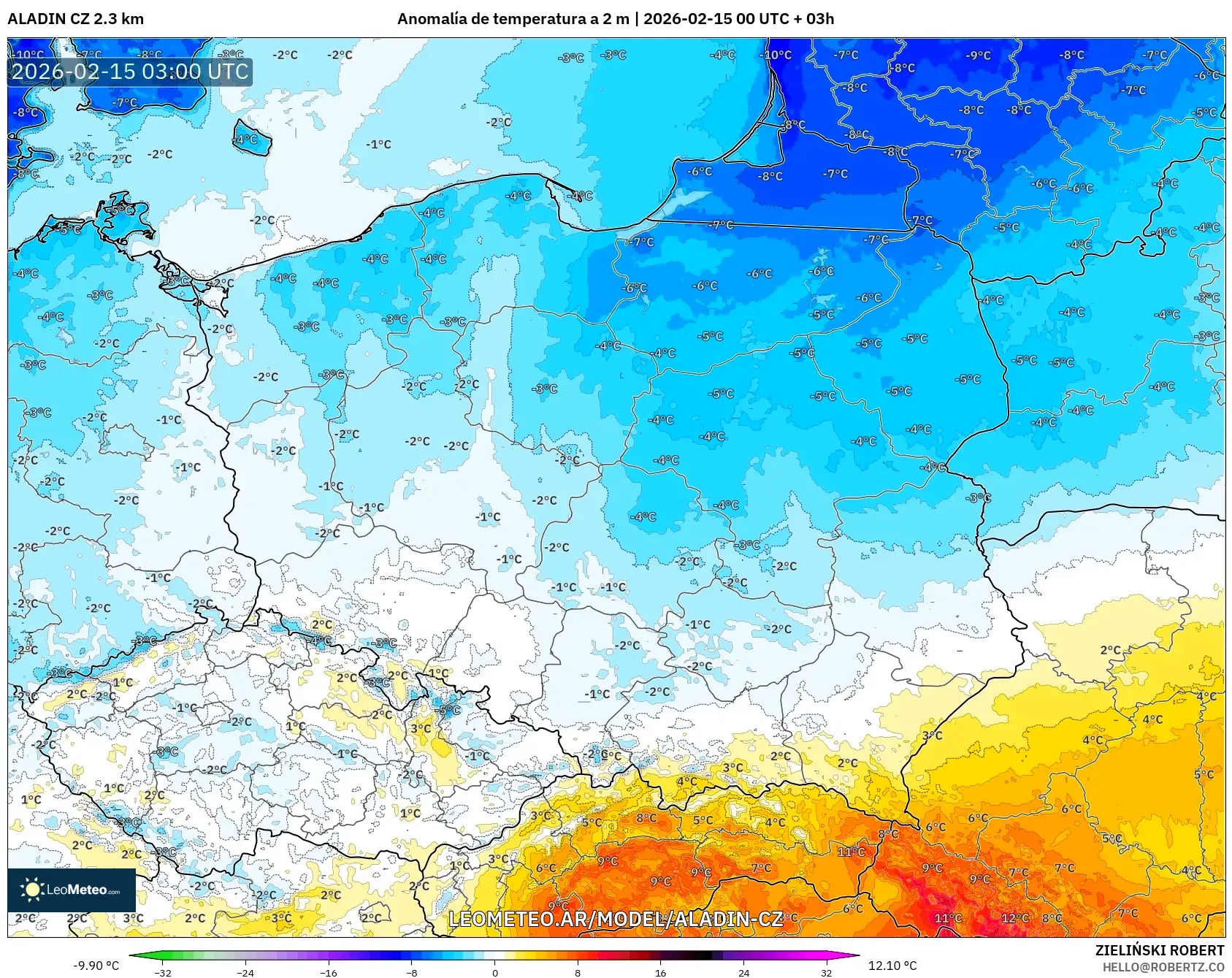 ALADIN CZ 2.3 km model - Polonia, Anomalía de temperatura a 2 m