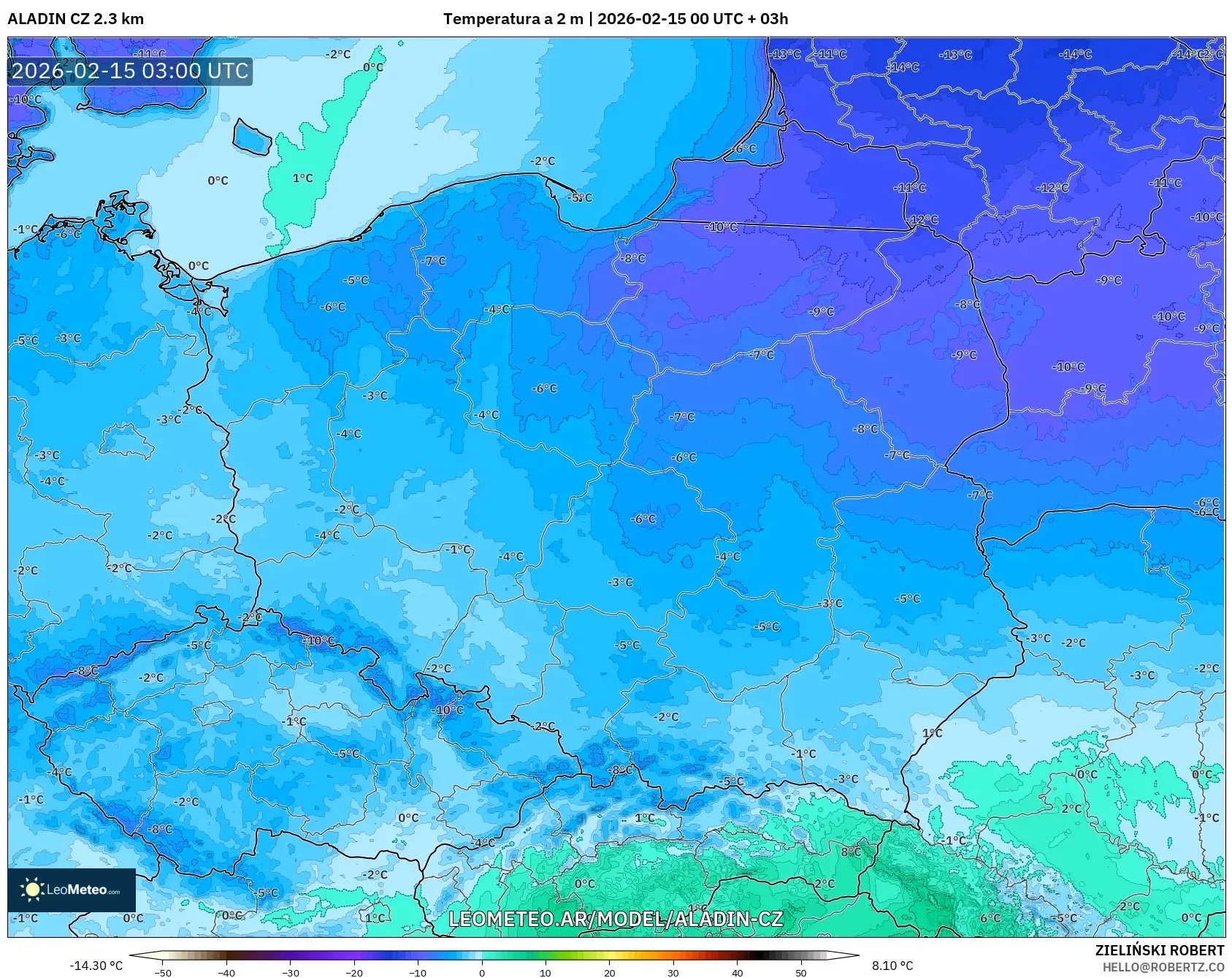 ALADIN CZ 2.3 km model - Polonia, Temperatura a 2 m