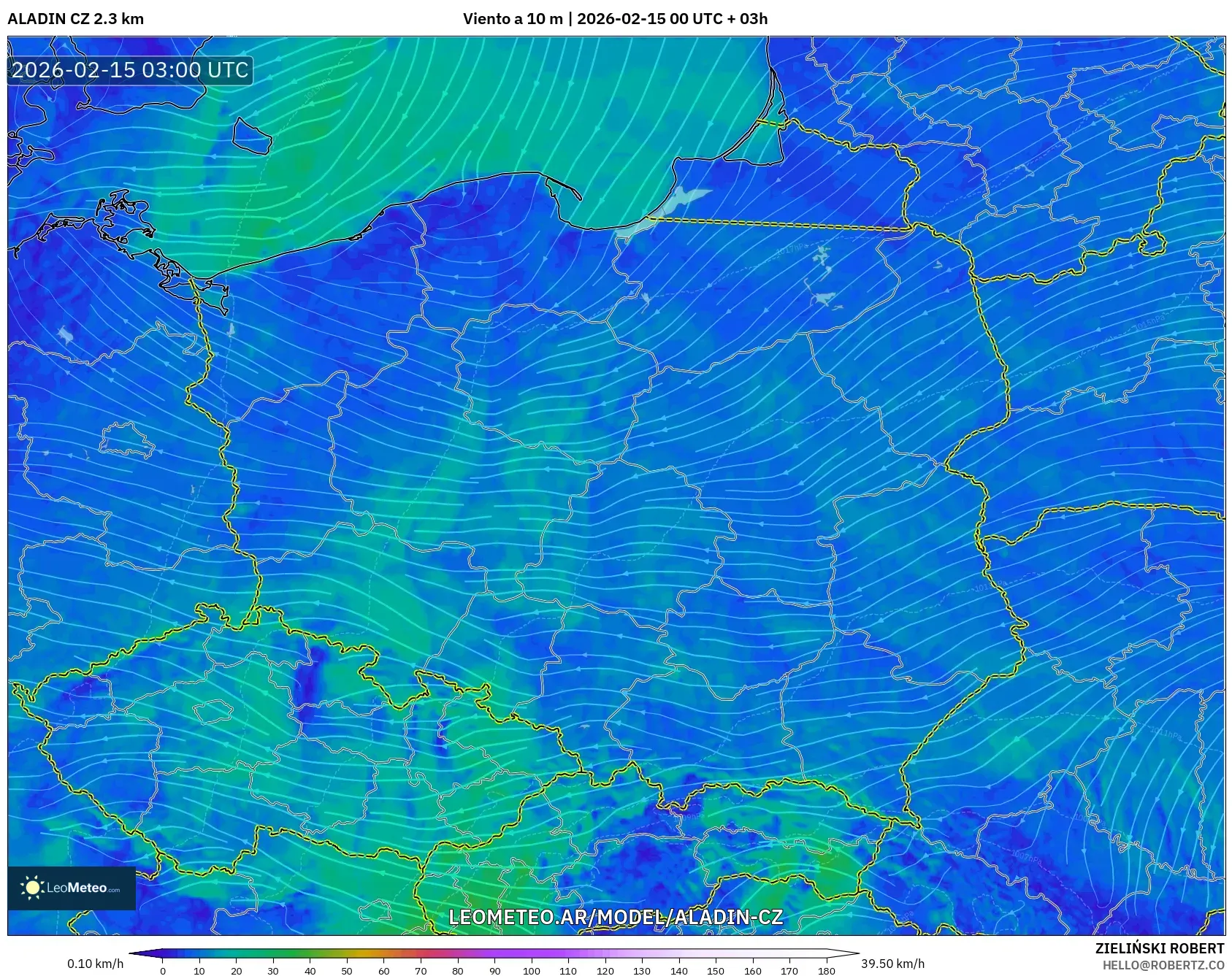 ALADIN CZ 2.3 km model - Polonia, Viento a 10 m