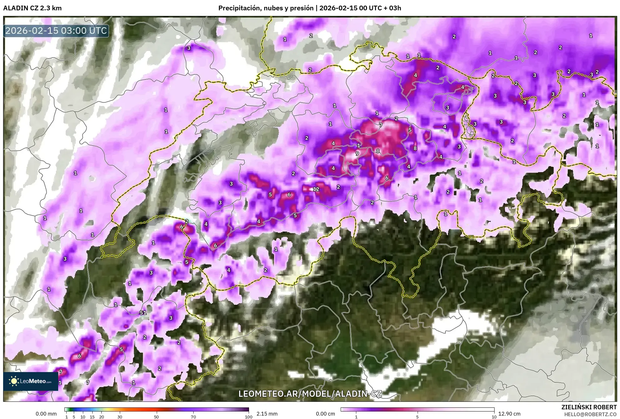 ALADIN CZ 2.3 km model - Suiza, Precipitación, nubes y presión