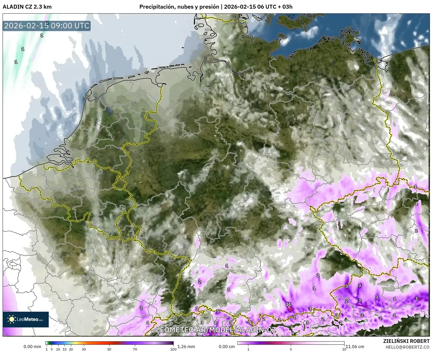 ALADIN CZ 2.3 km model - Alemania, Precipitación, nubes y presión