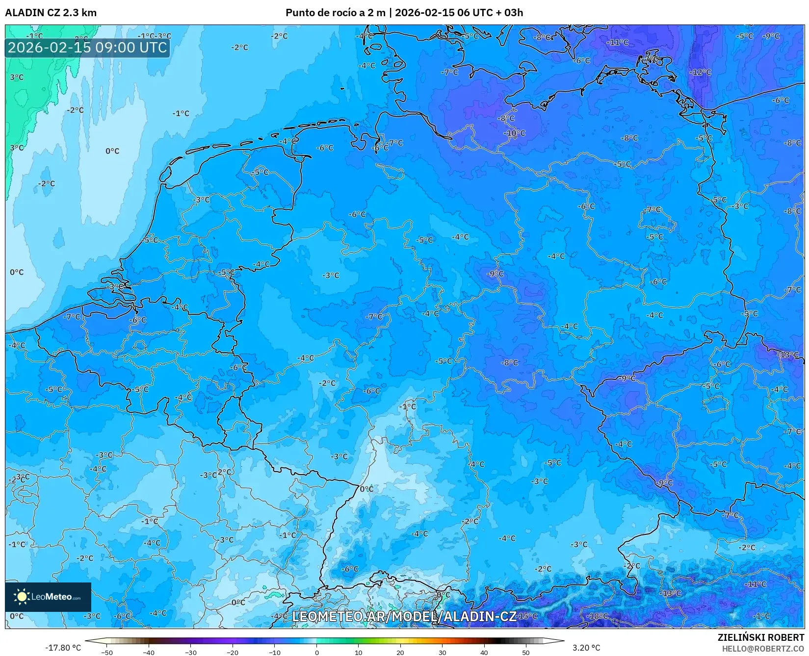ALADIN CZ 2.3 km model - Alemania, Punto de rocío a 2 m