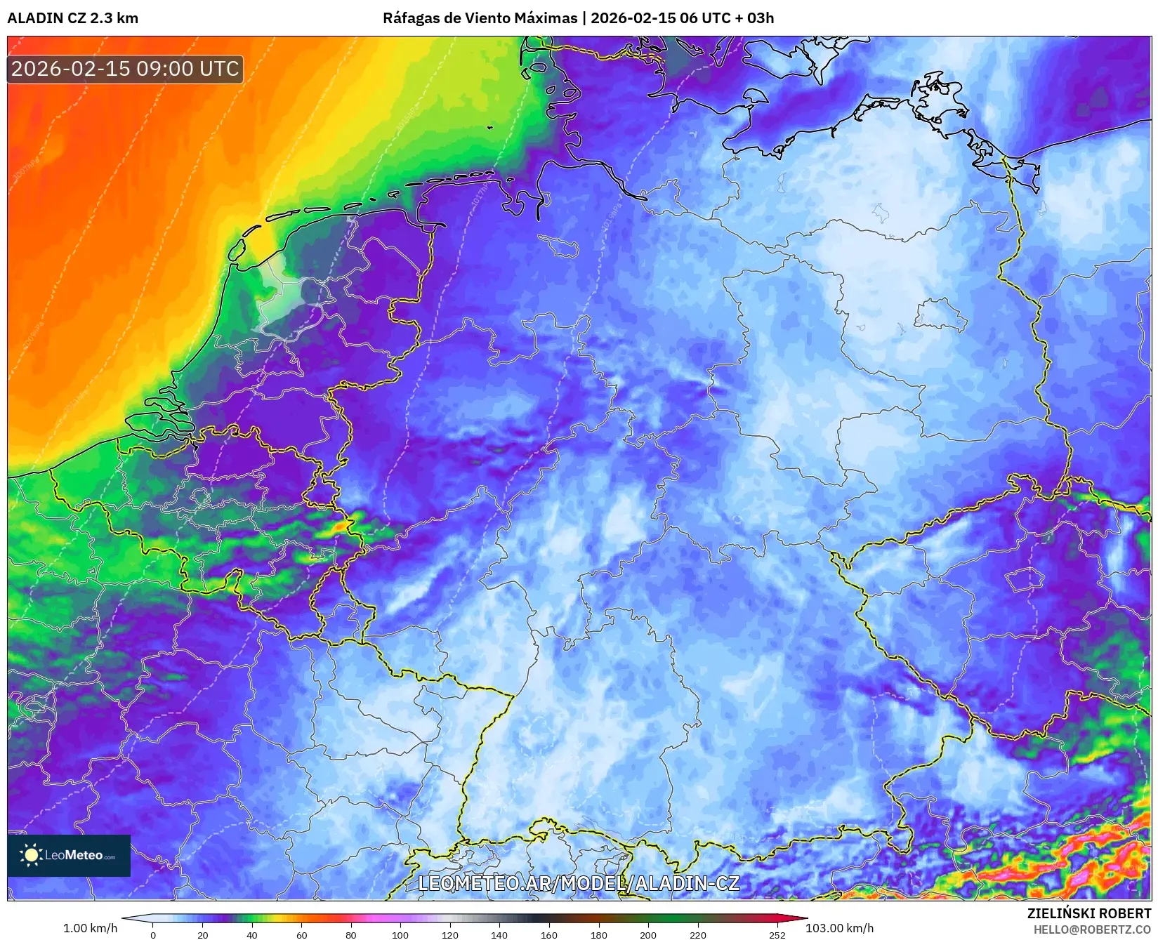 ALADIN CZ 2.3 km model - Alemania, Ráfagas de Viento Máximas