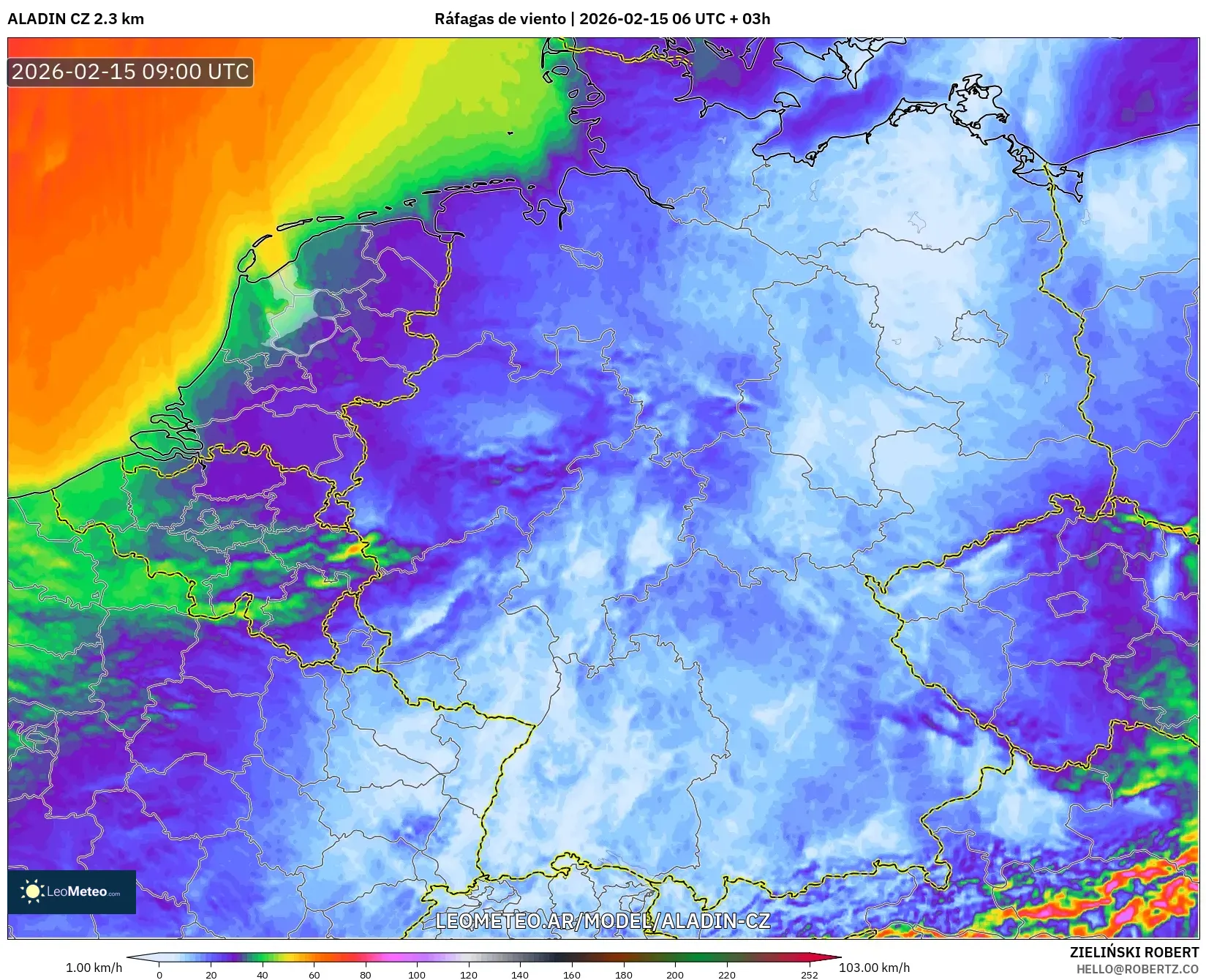 ALADIN CZ 2.3 km model - Alemania, Ráfagas de viento