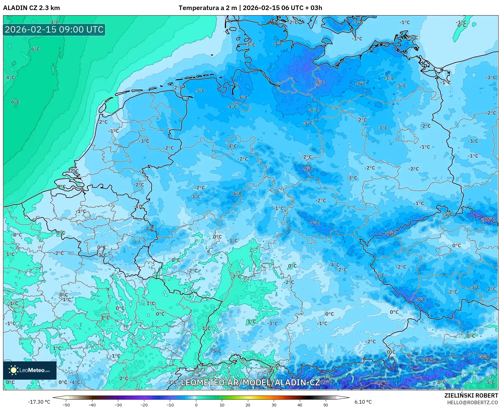 ALADIN CZ 2.3 km model - Alemania, Temperatura a 2 m