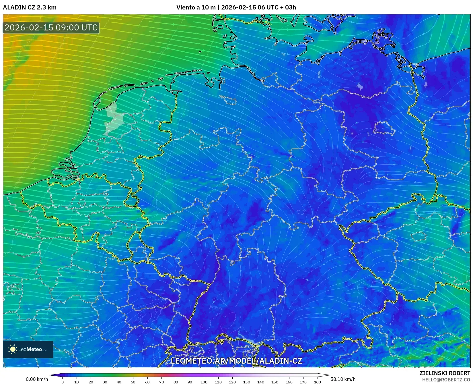 ALADIN CZ 2.3 km model - Alemania, Viento a 10 m