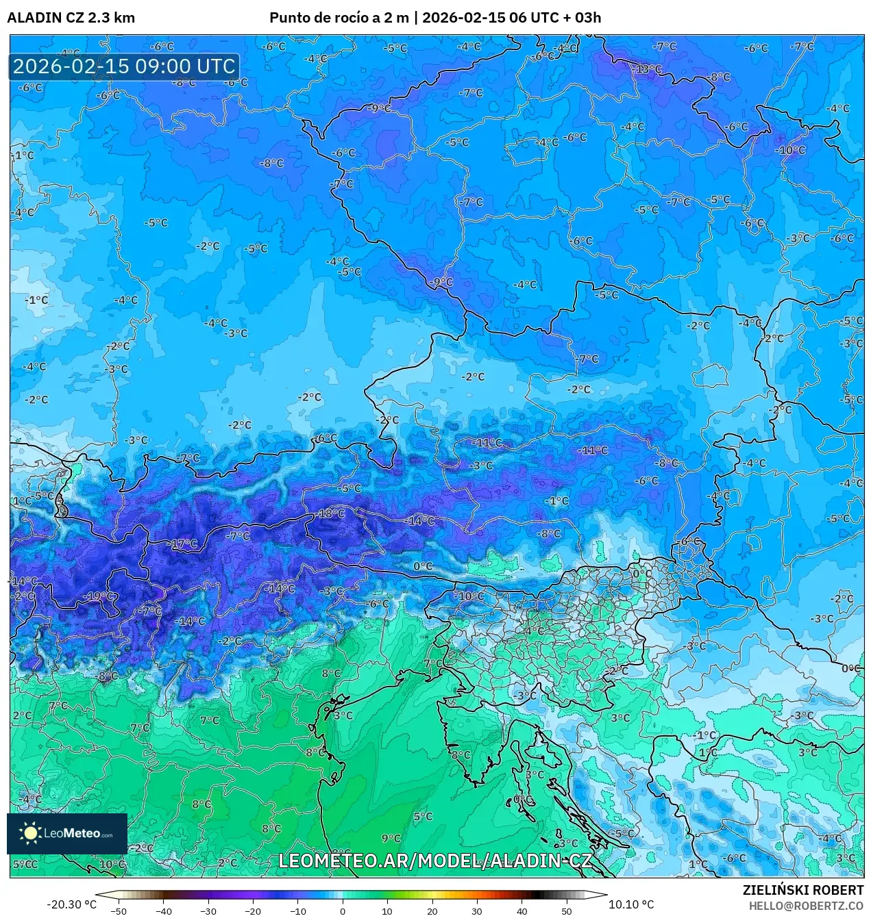 ALADIN CZ 2.3 km model - Austria, Punto de rocío a 2 m