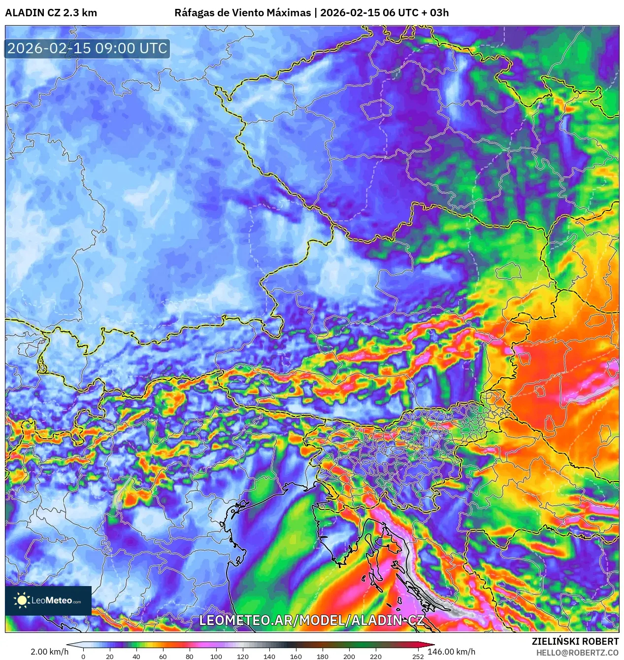 ALADIN CZ 2.3 km model - Austria, Ráfagas de Viento Máximas