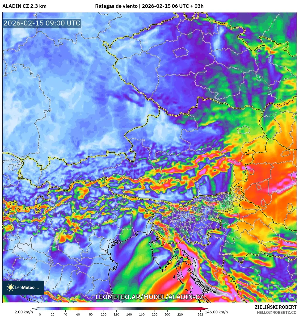 ALADIN CZ 2.3 km model - Austria, Ráfagas de viento