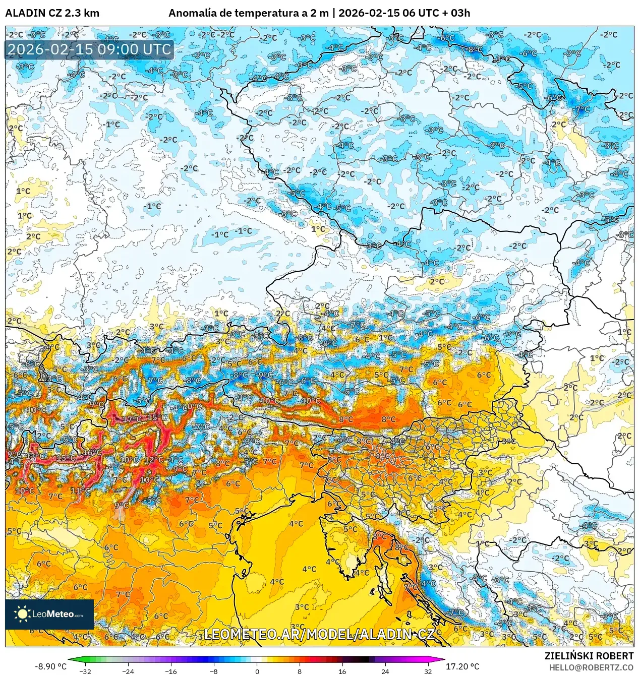 ALADIN CZ 2.3 km model - Austria, Anomalía de temperatura a 2 m