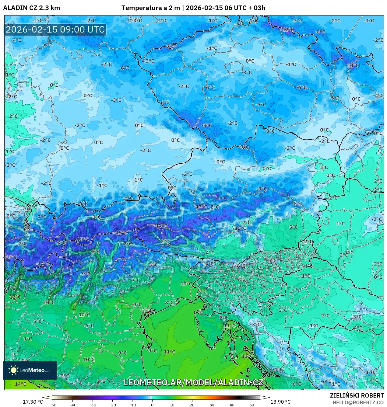 ALADIN CZ 2.3 km model - Austria, Temperatura a 2 m