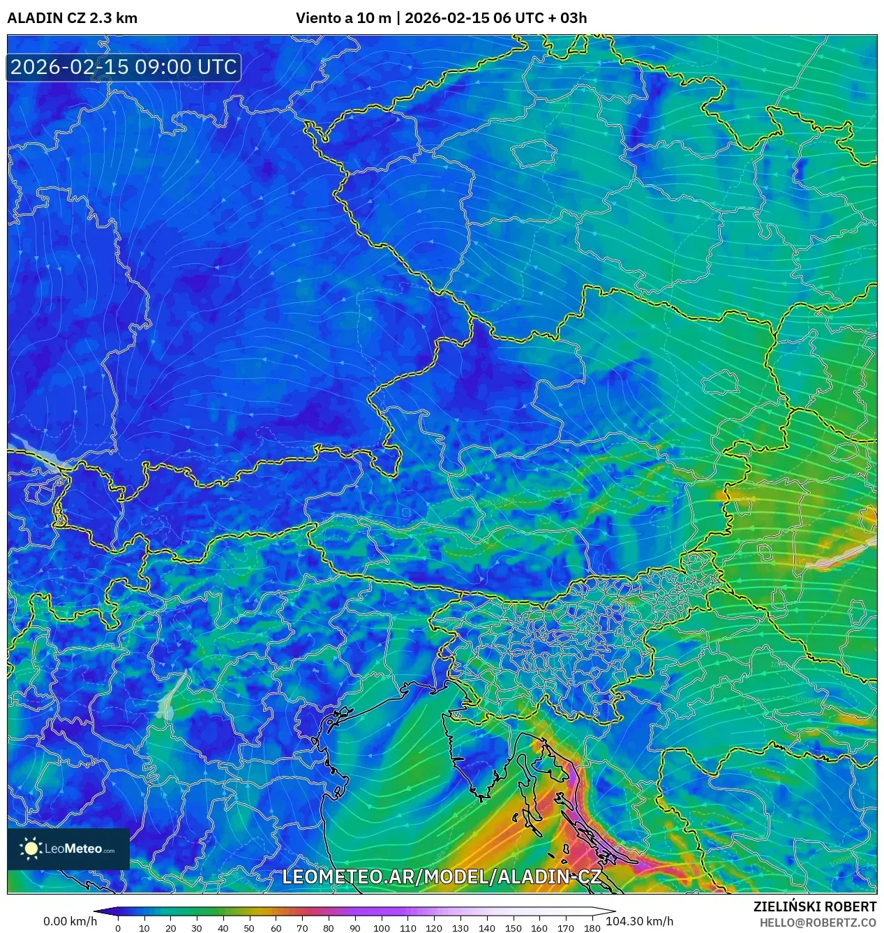ALADIN CZ 2.3 km model - Austria, Viento a 10 m