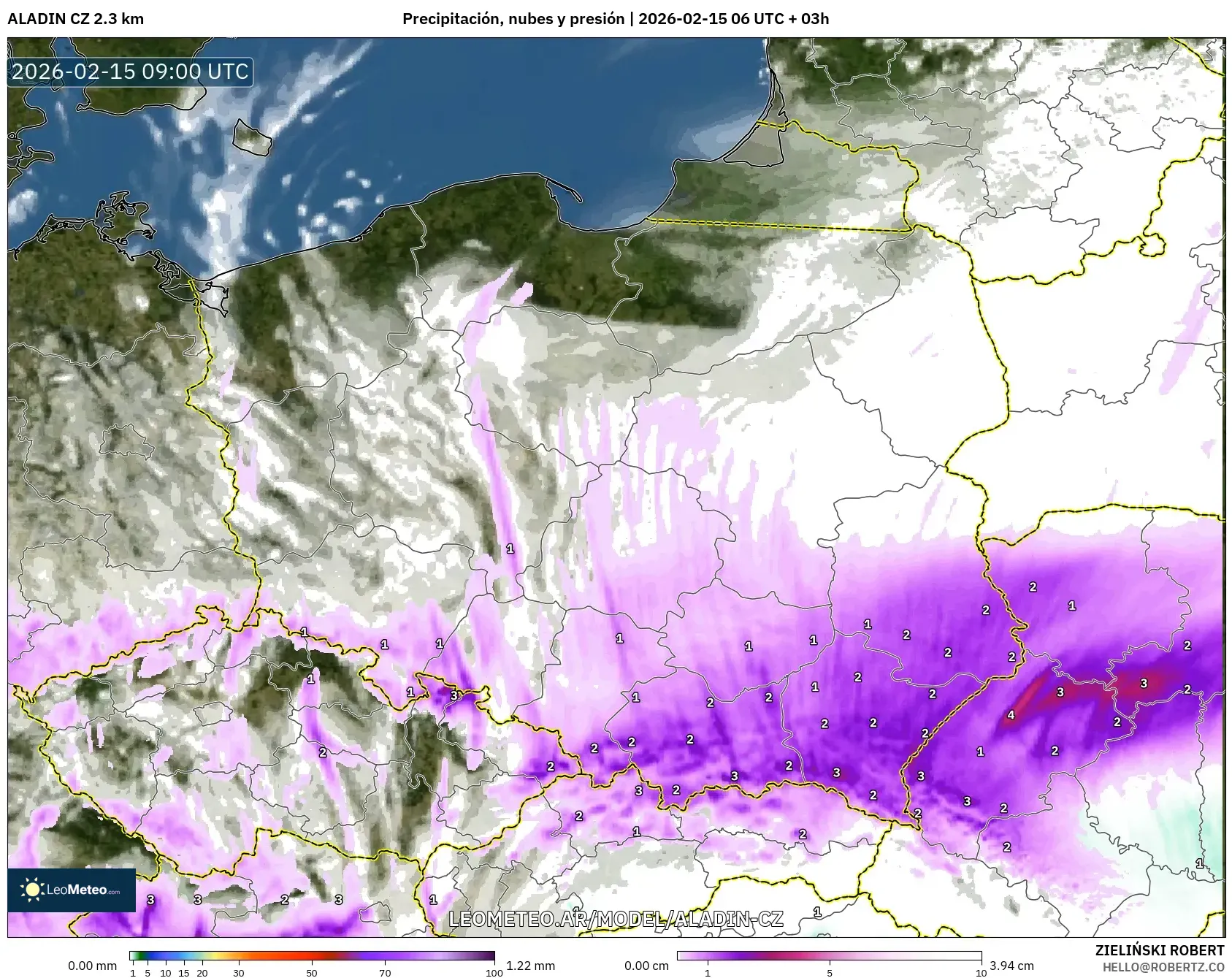 ALADIN CZ 2.3 km model - Polonia, Precipitación, nubes y presión