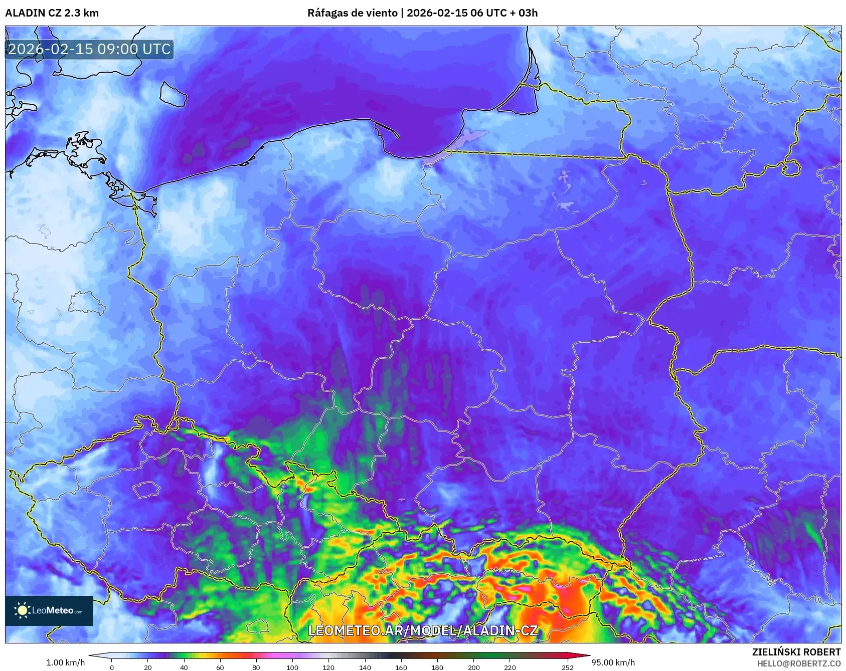 ALADIN CZ 2.3 km model - Polonia, Ráfagas de viento