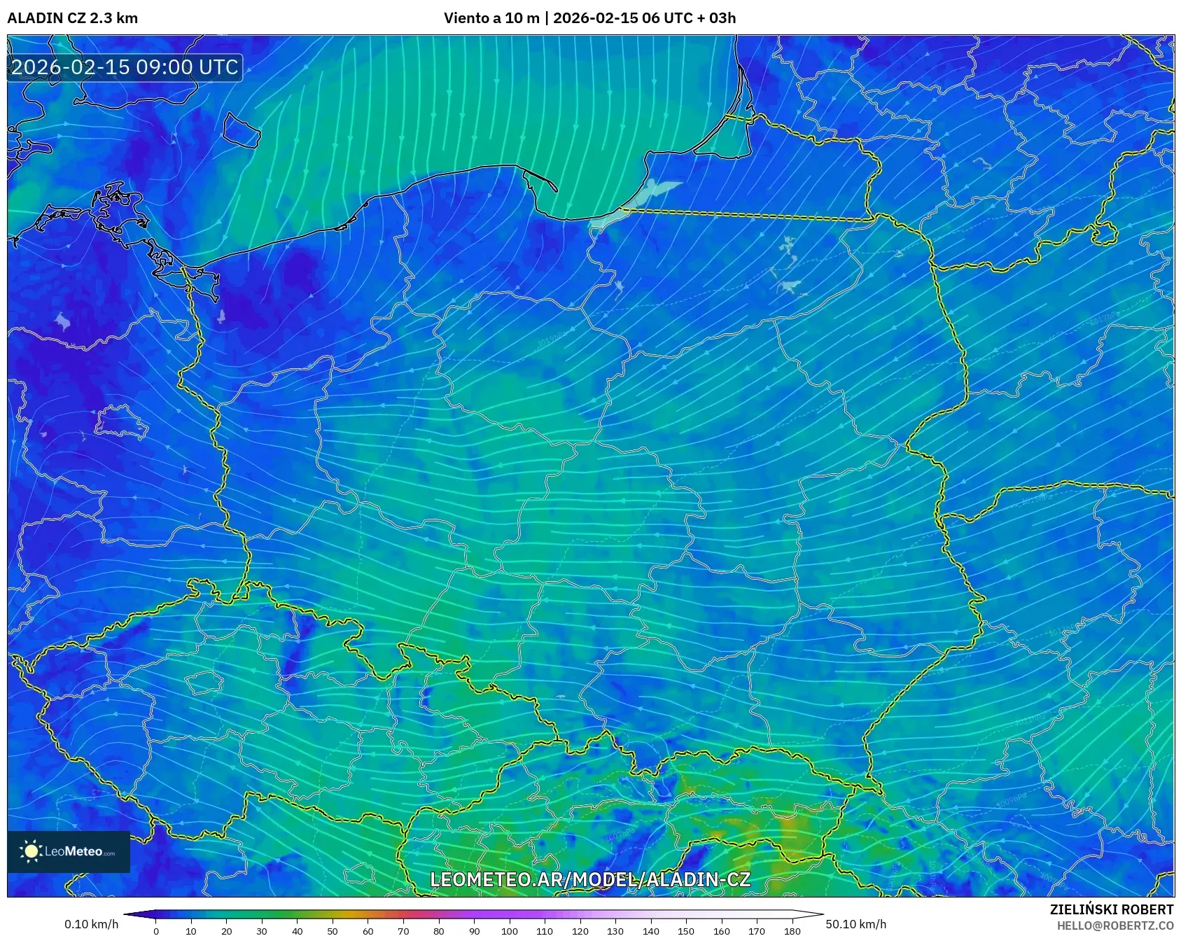 ALADIN CZ 2.3 km model - Polonia, Viento a 10 m