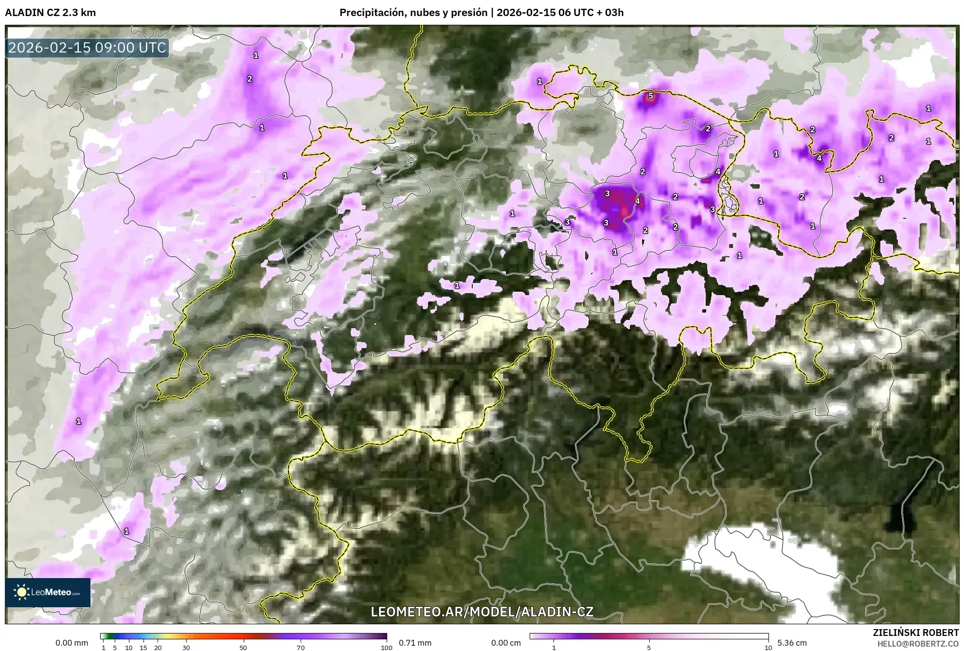 ALADIN CZ 2.3 km model - Suiza, Precipitación, nubes y presión