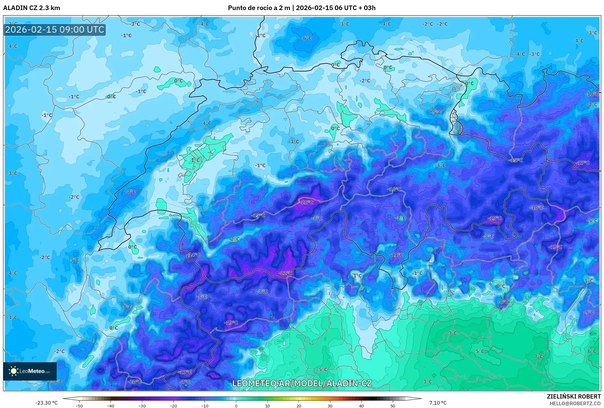 ALADIN CZ 2.3 km model - Suiza, Punto de rocío a 2 m