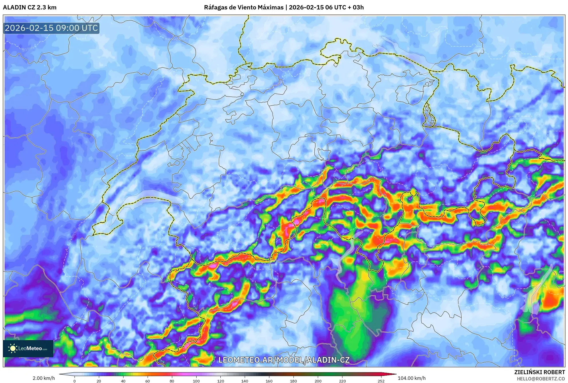 ALADIN CZ 2.3 km model - Suiza, Ráfagas de Viento Máximas