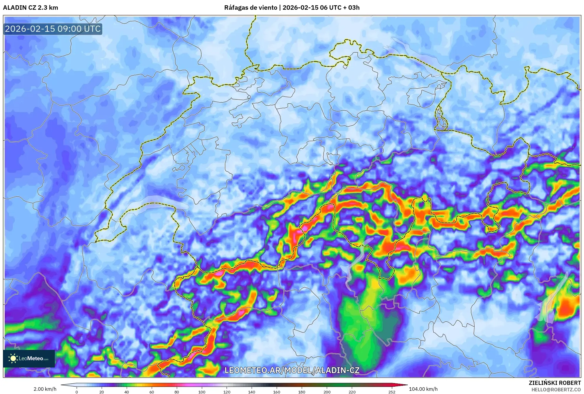 ALADIN CZ 2.3 km model - Suiza, Ráfagas de viento