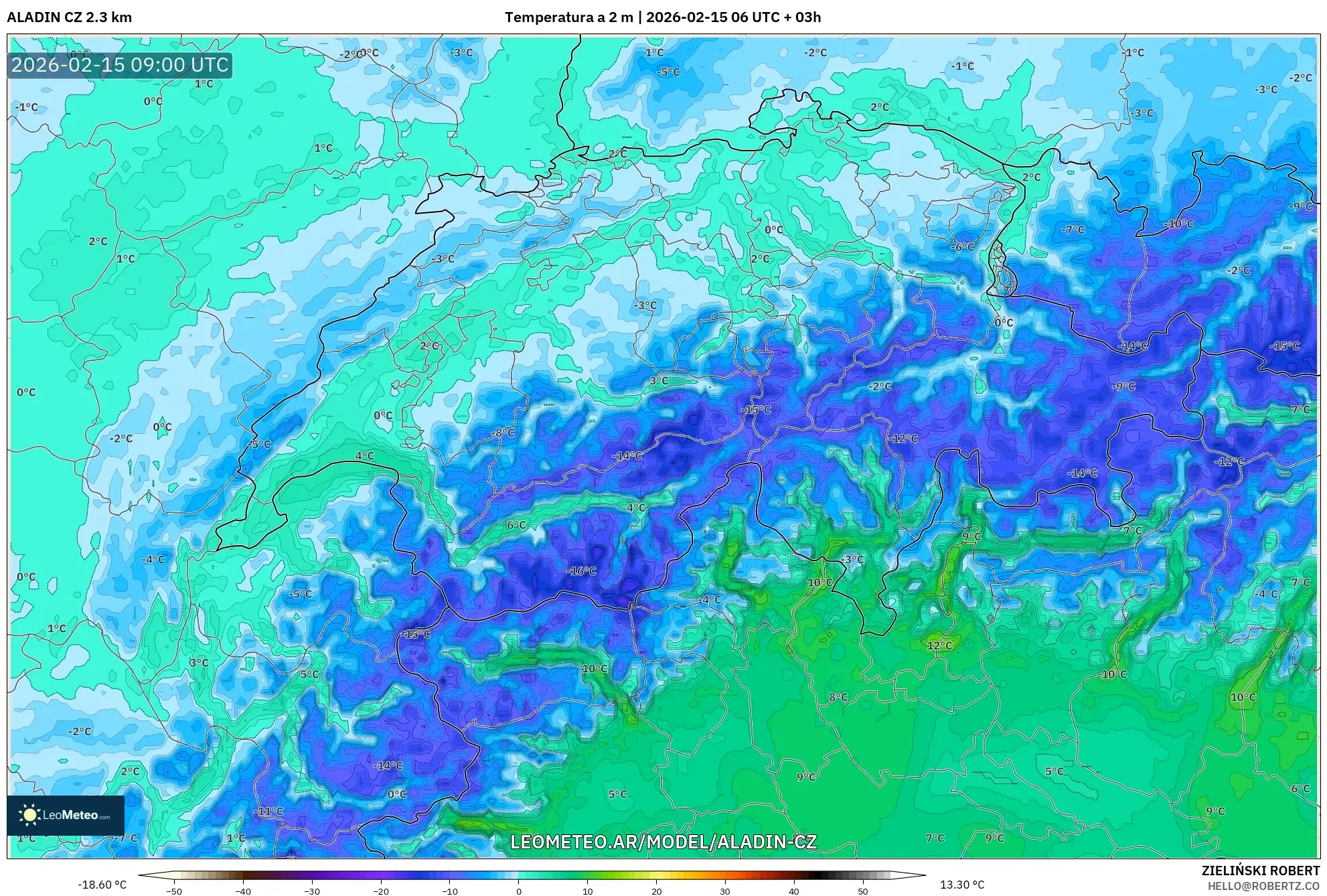 ALADIN CZ 2.3 km model - Suiza, Temperatura a 2 m