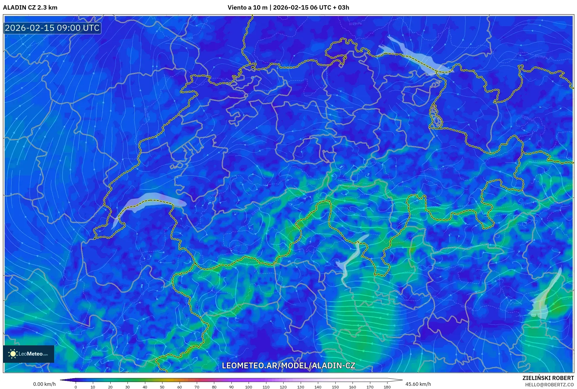 ALADIN CZ 2.3 km model - Suiza, Viento a 10 m
