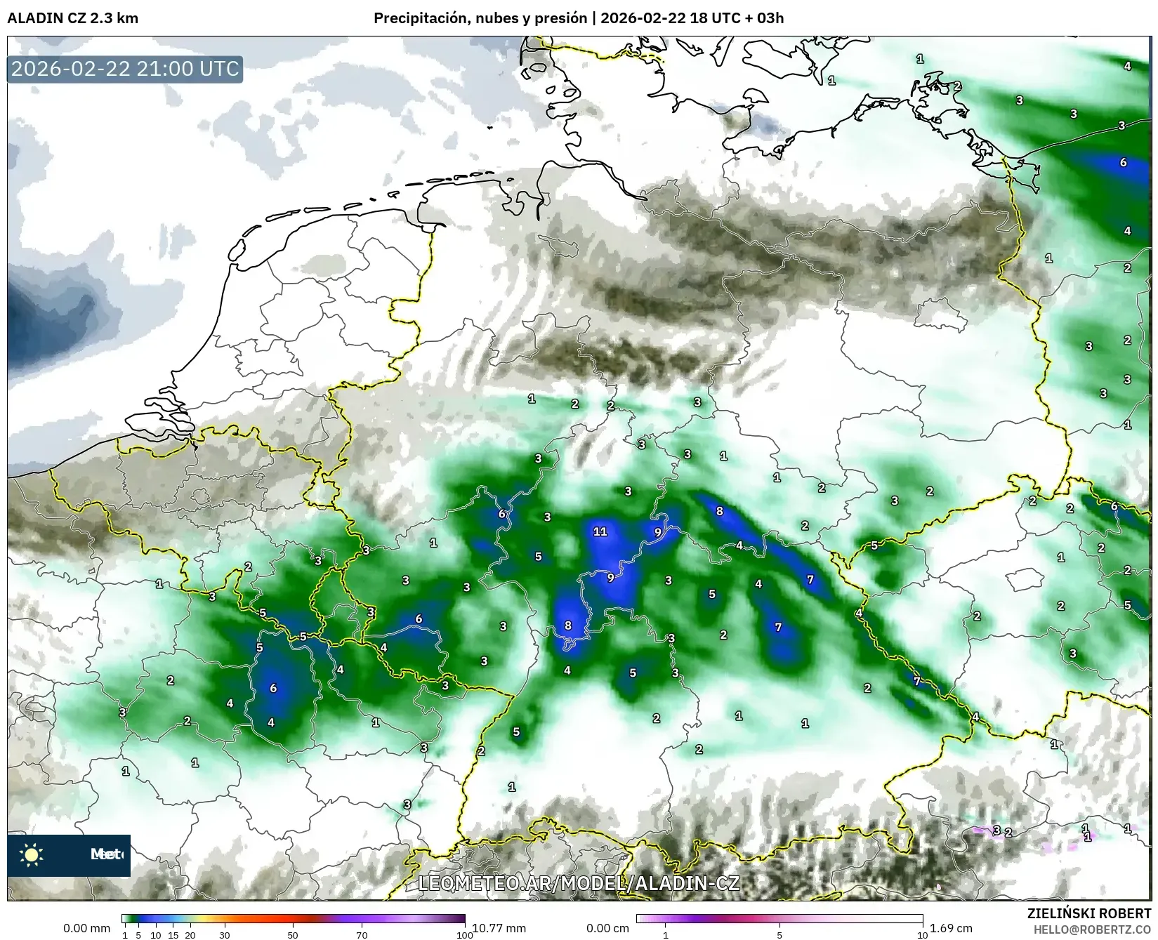 ALADIN CZ 2.3 km model - Niemcy, Opady, chmury i ciśnienie