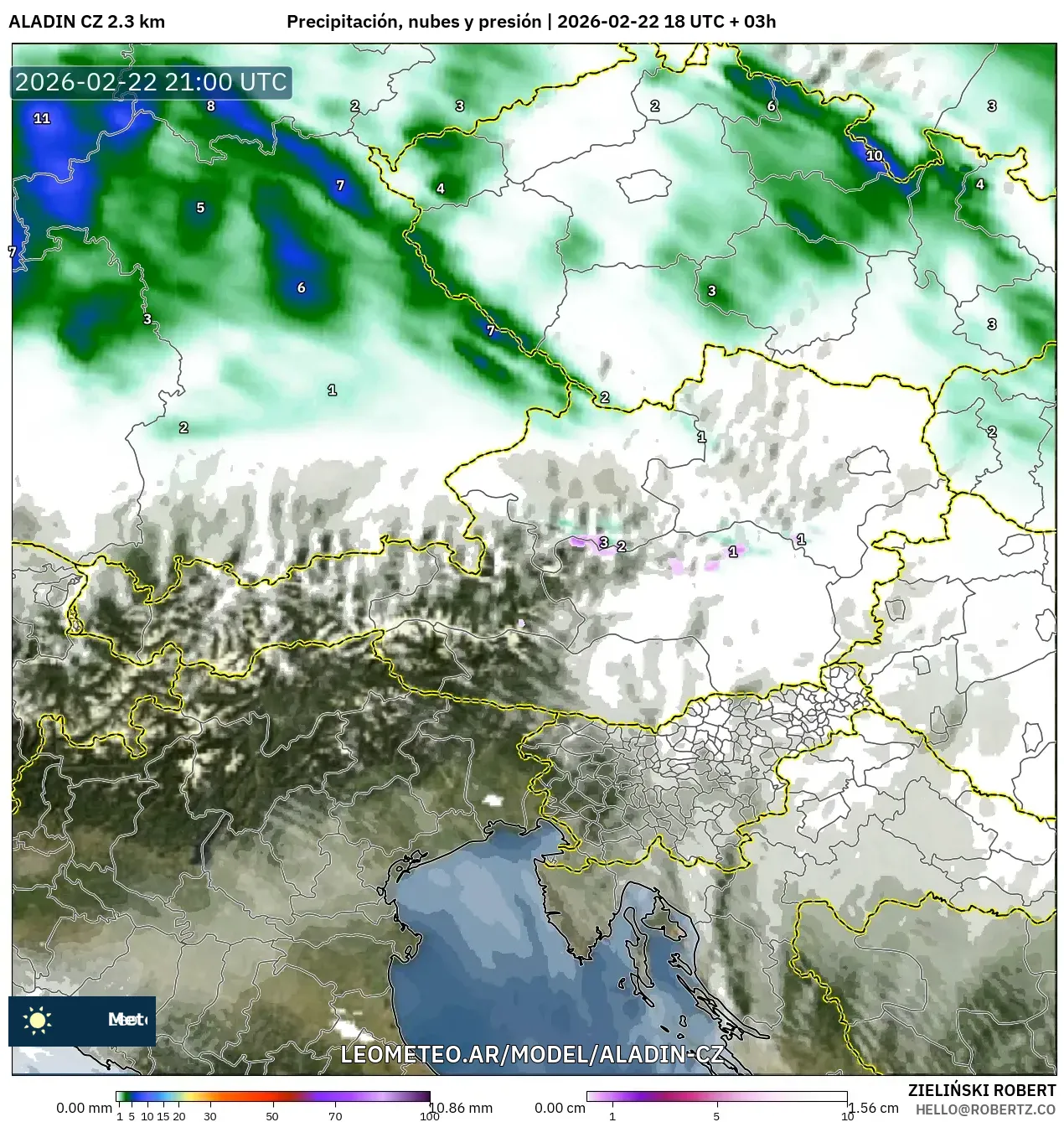 ALADIN CZ 2.3 km model - Austria, Opady, chmury i ciśnienie