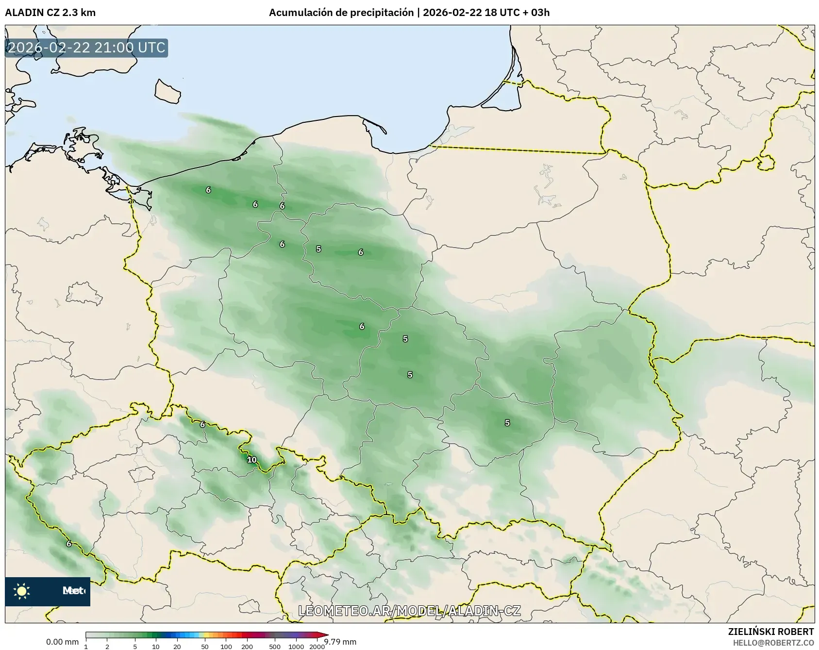 ALADIN CZ 2.3 km model - Polska, Suma opadów