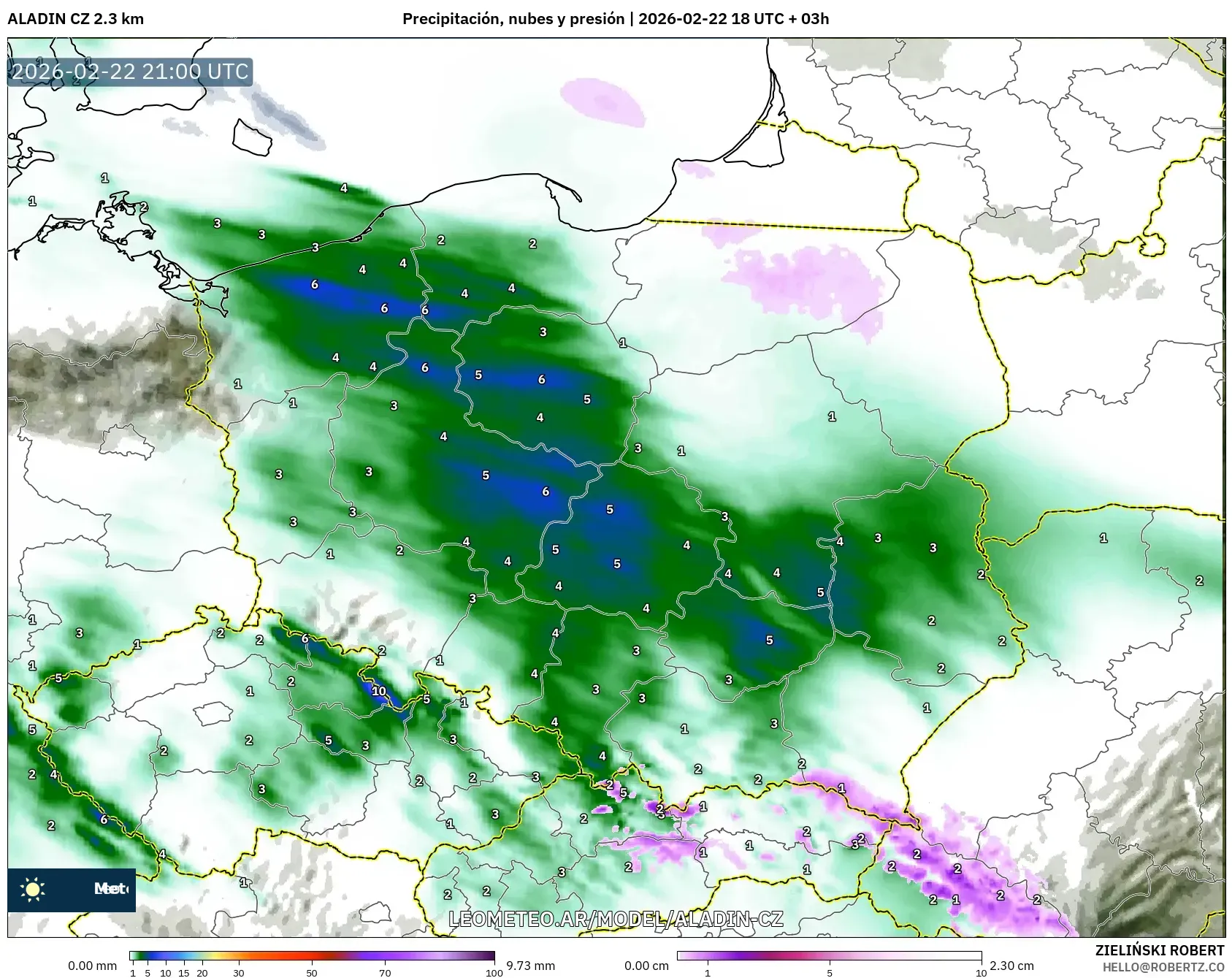 ALADIN CZ 2.3 km model - Polska, Opady, chmury i ciśnienie