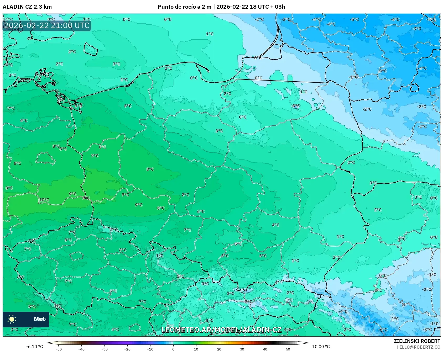 ALADIN CZ 2.3 km model - Polska, Punkt rosy na 2 m