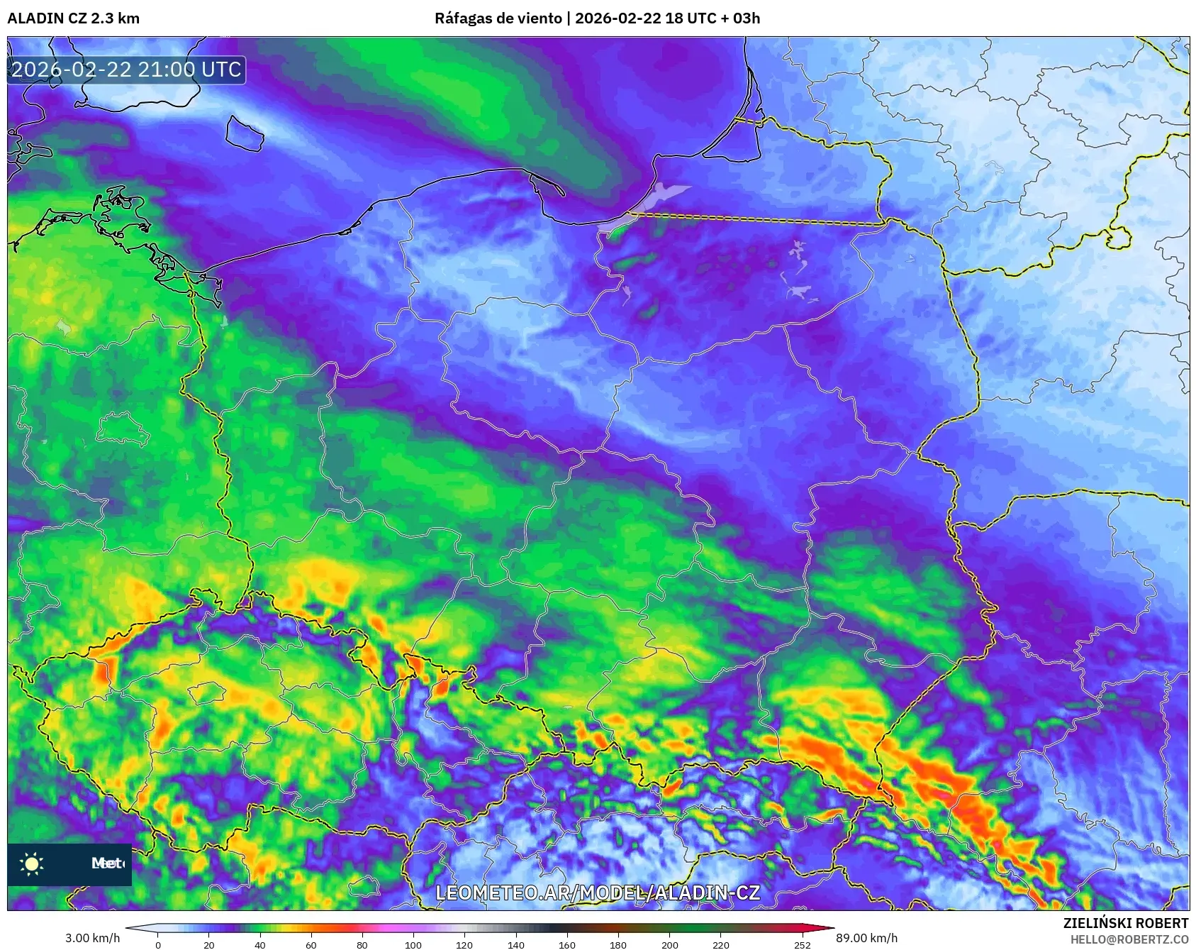 ALADIN CZ 2.3 km model - Polska, Porywy wiatru