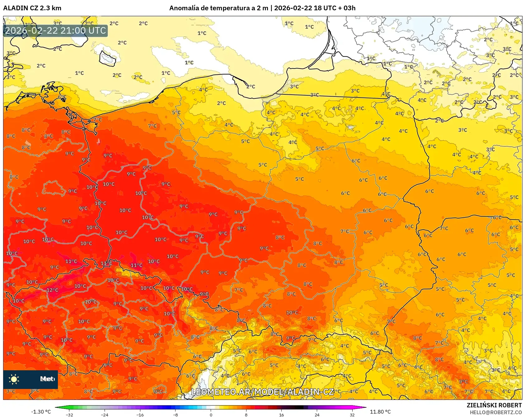 ALADIN CZ 2.3 km model - Polska, Anomalia temperatury na 2 m