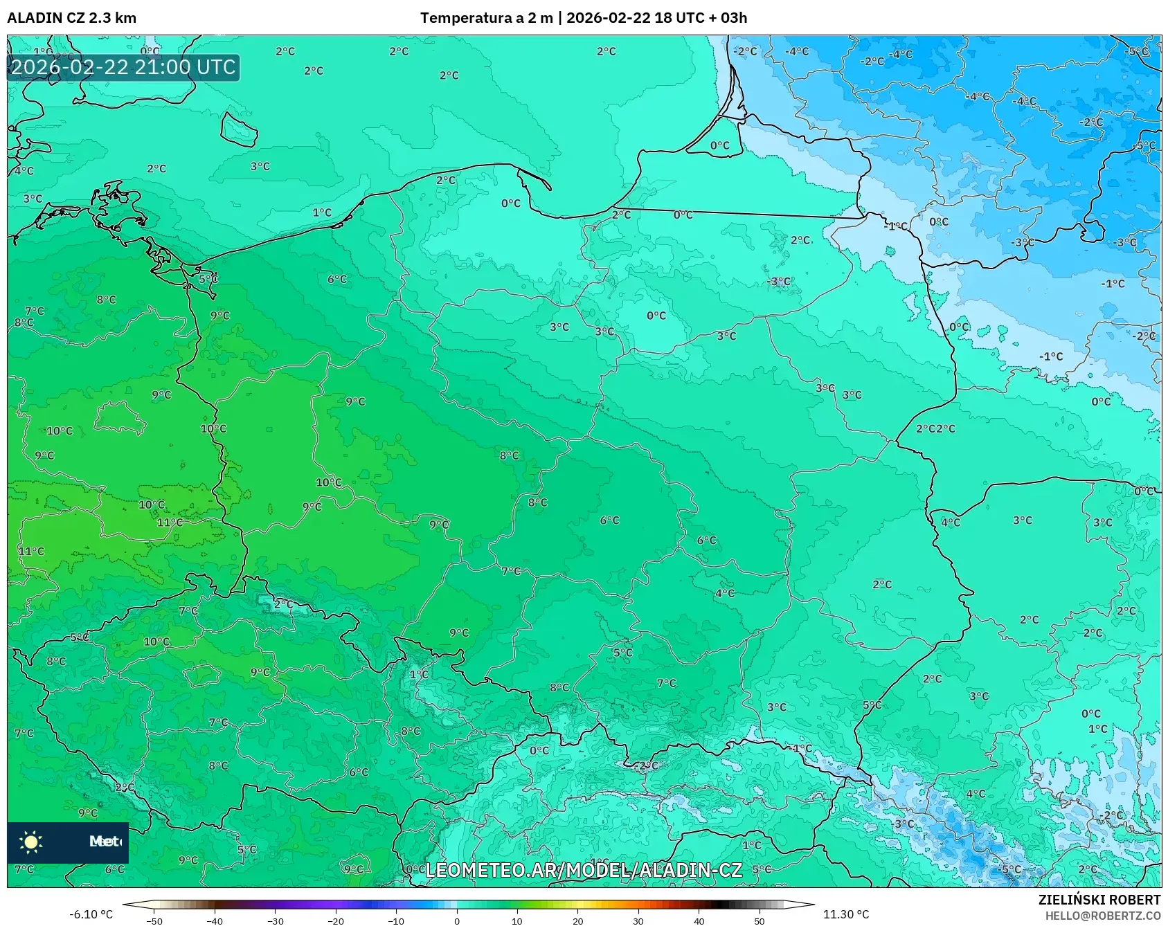 ALADIN CZ 2.3 km model - Polska, Temperatura na 2 m