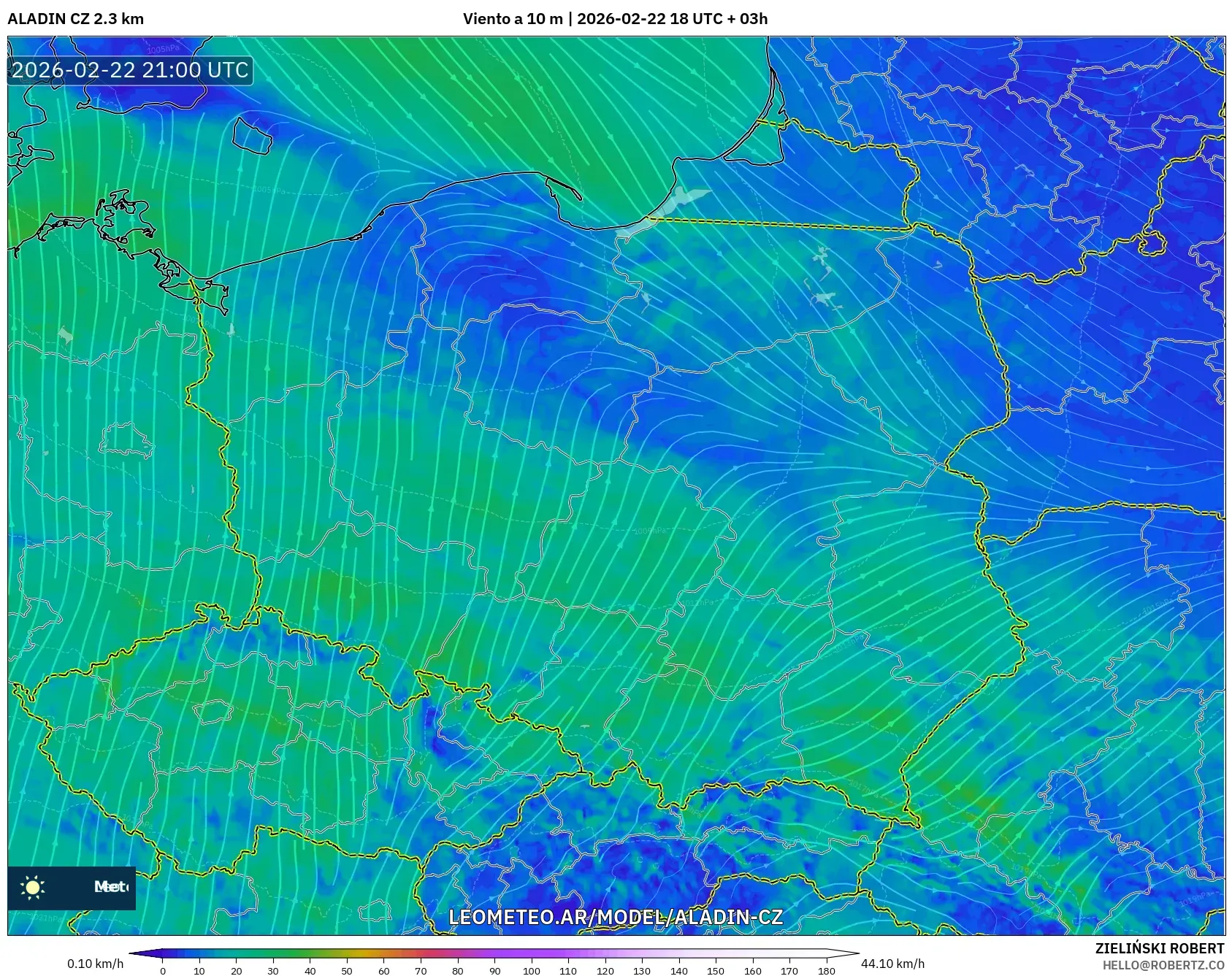 ALADIN CZ 2.3 km model - Polska, Wiatr na 10 m
