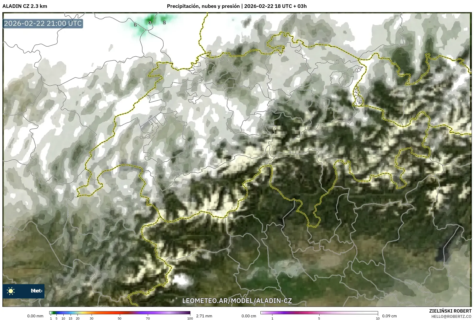 ALADIN CZ 2.3 km model - Szwajcaria, Opady, chmury i ciśnienie