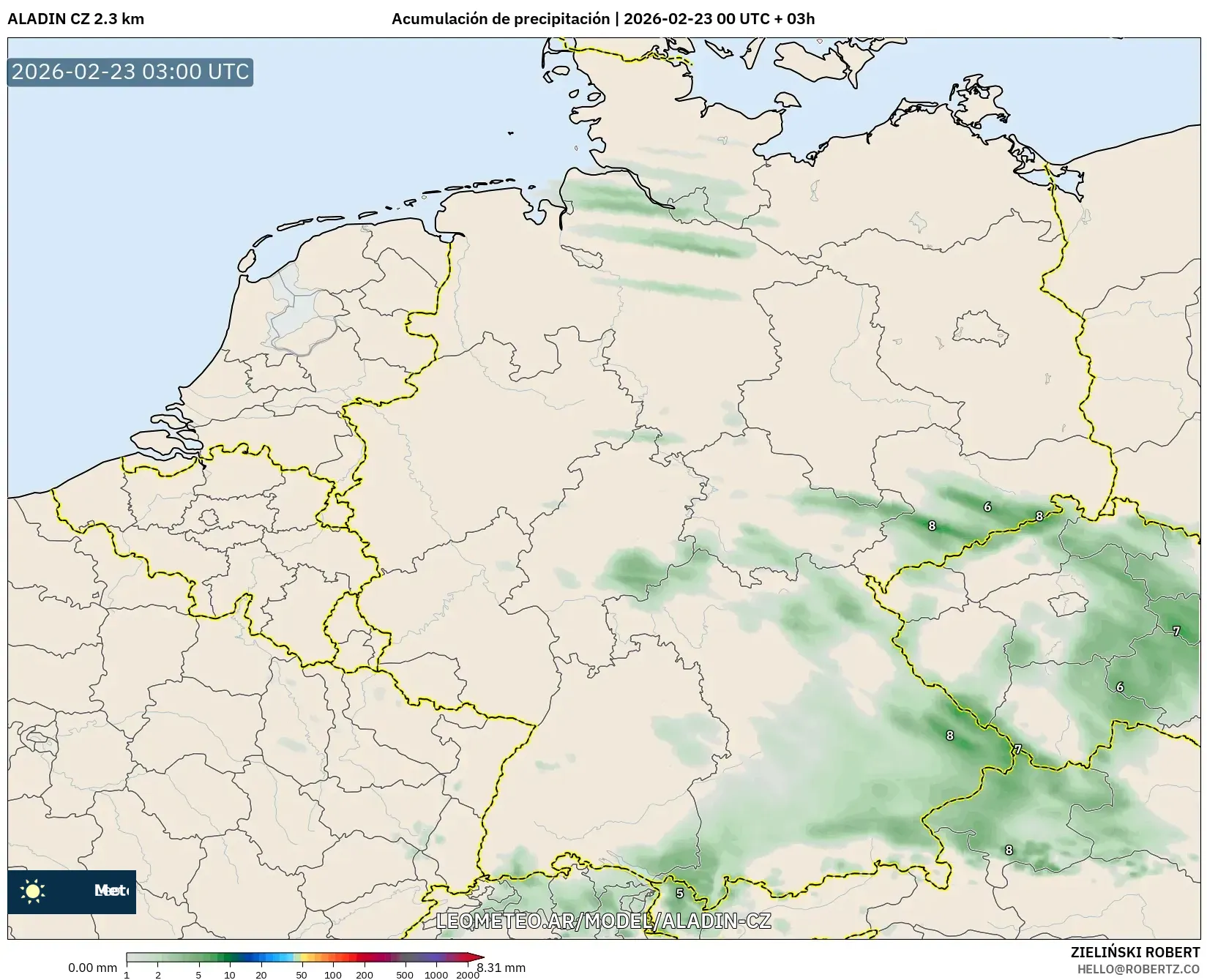 ALADIN CZ 2.3 km model - Niemcy, Suma opadów