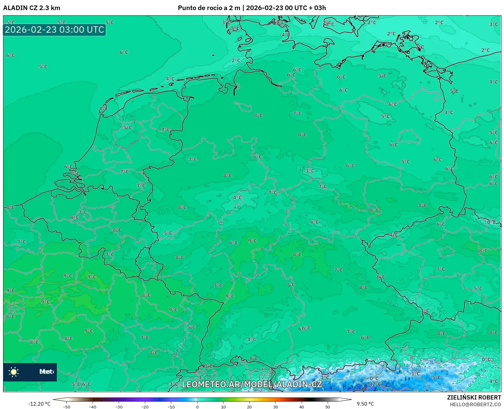 ALADIN CZ 2.3 km model - Niemcy, Punkt rosy na 2 m