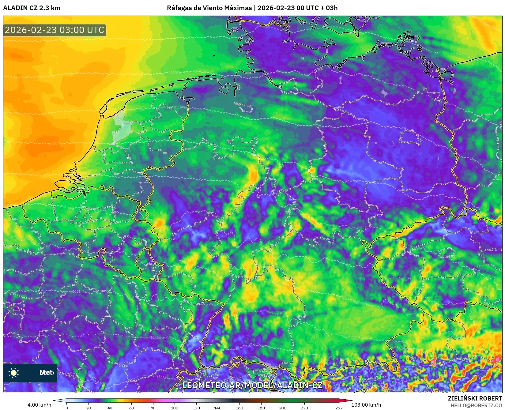 ALADIN CZ 2.3 km model - Niemcy, Maksymalne Porywy Wiatru