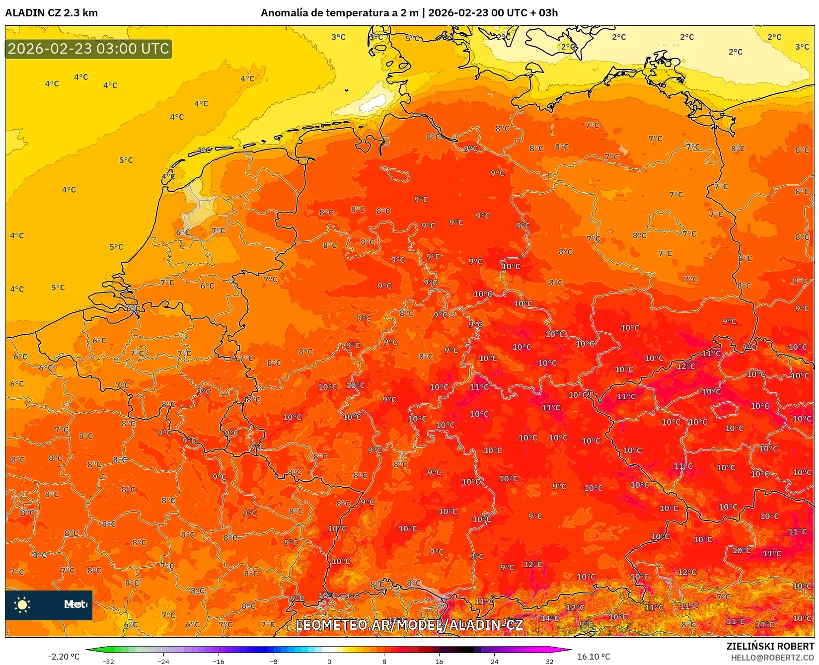 ALADIN CZ 2.3 km model - Niemcy, Anomalia temperatury na 2 m