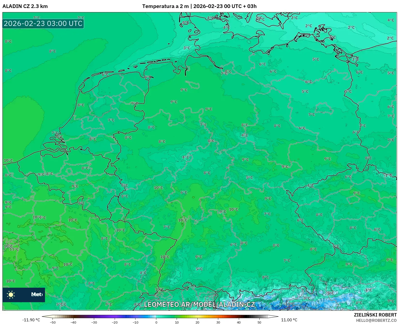 ALADIN CZ 2.3 km model - Niemcy, Temperatura na 2 m