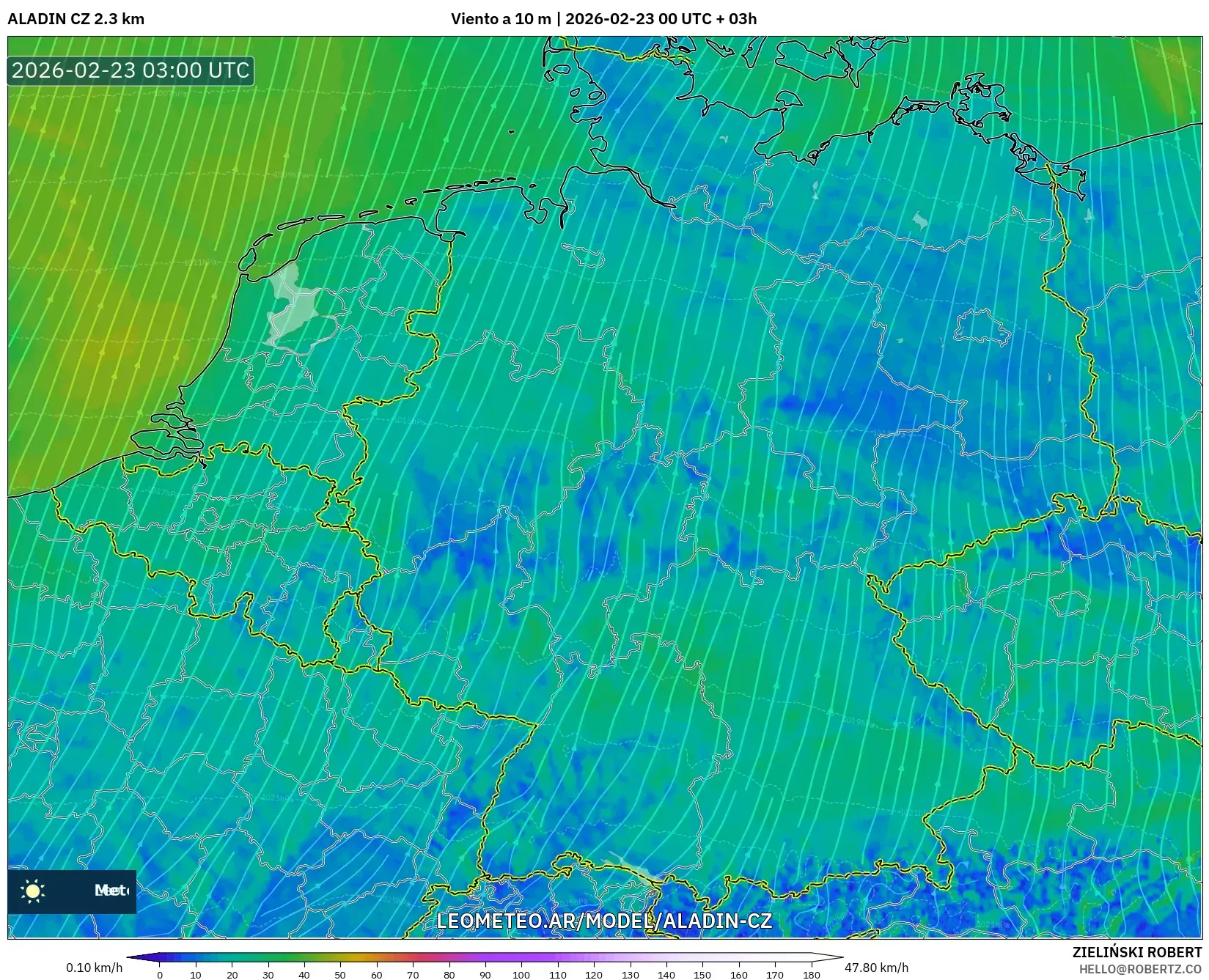 ALADIN CZ 2.3 km model - Niemcy, Wiatr na 10 m