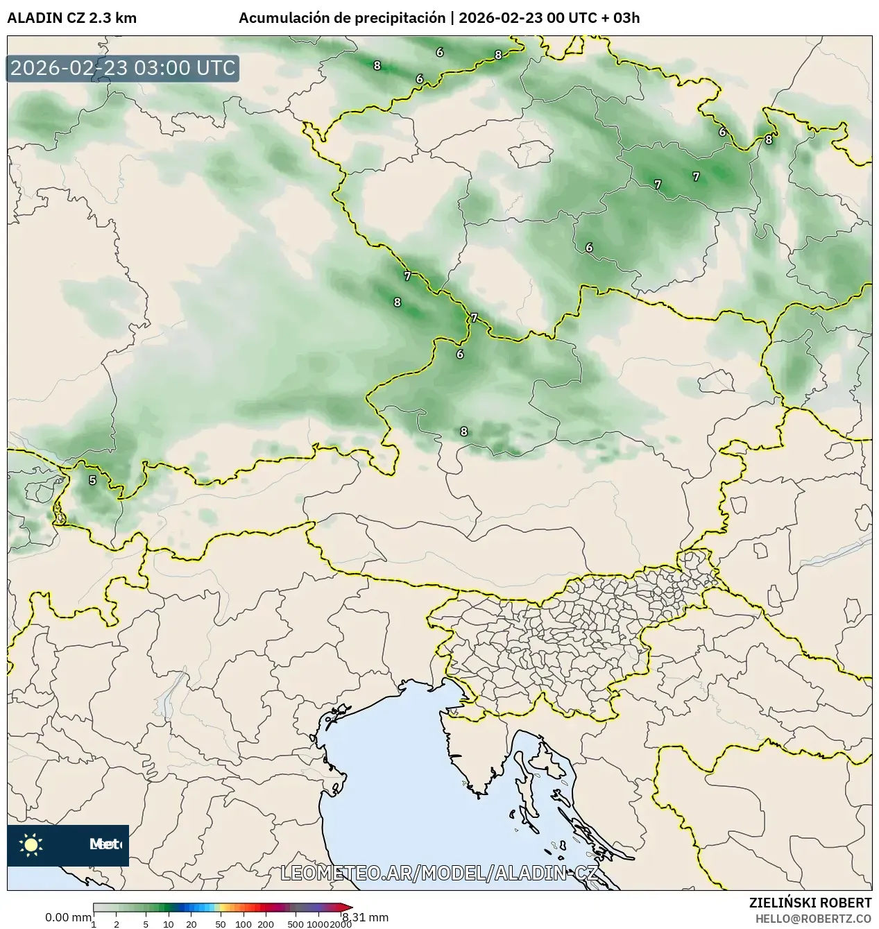 ALADIN CZ 2.3 km model - Austria, Suma opadów
