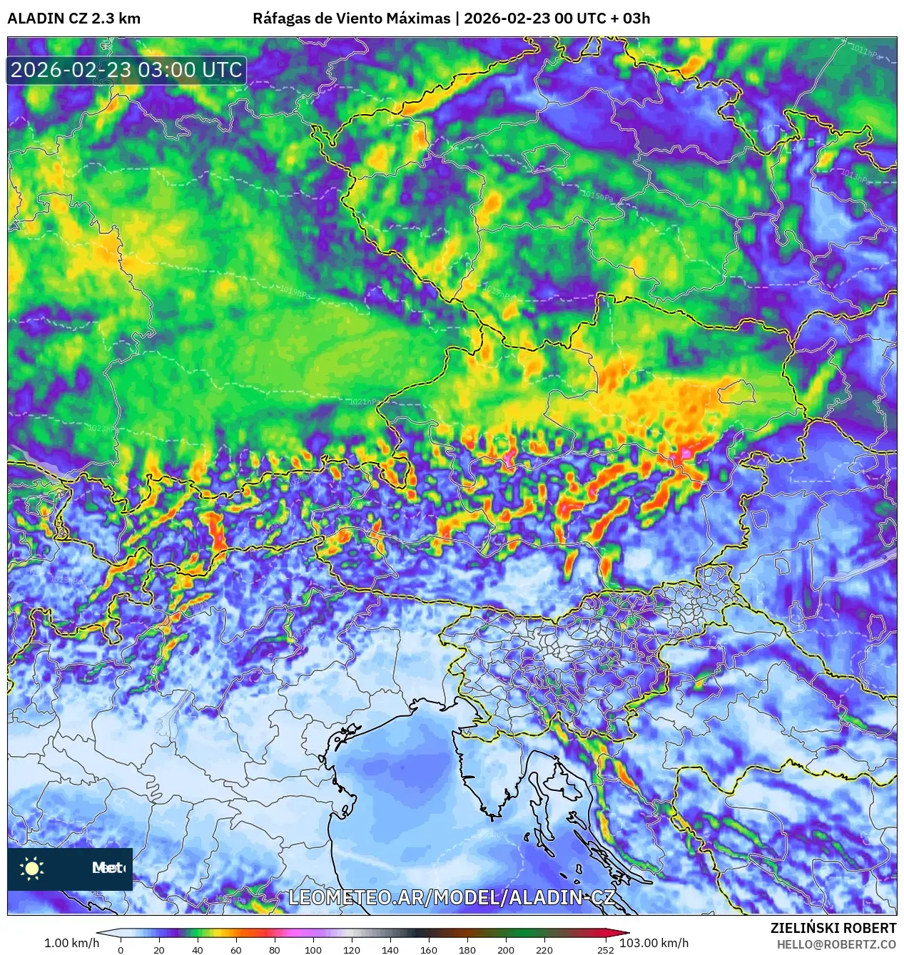 ALADIN CZ 2.3 km model - Austria, Maksymalne Porywy Wiatru
