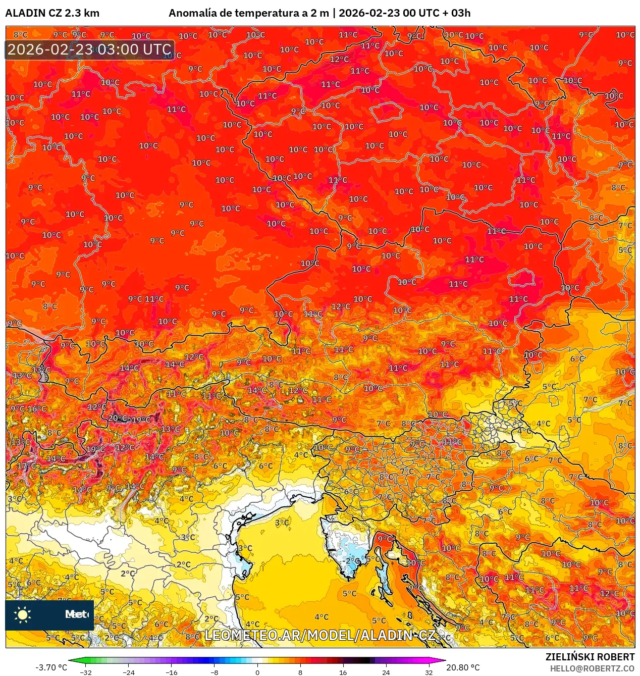 ALADIN CZ 2.3 km model - Austria, Anomalia temperatury na 2 m