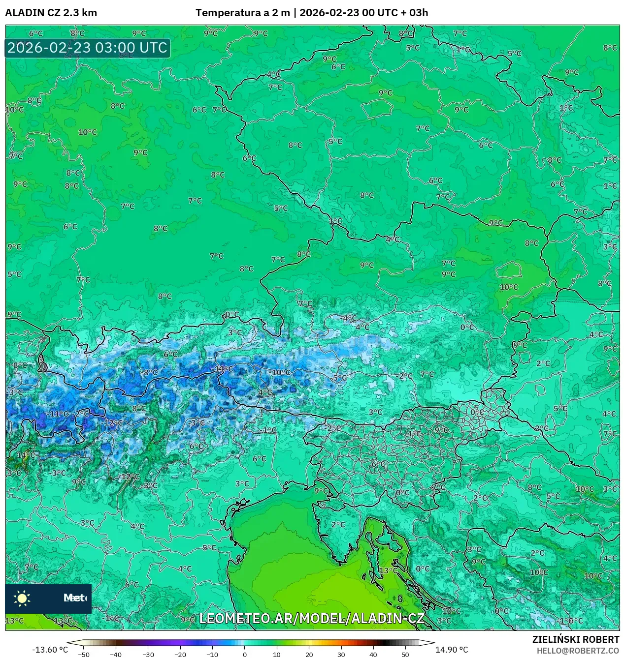 ALADIN CZ 2.3 km model - Austria, Temperatura na 2 m