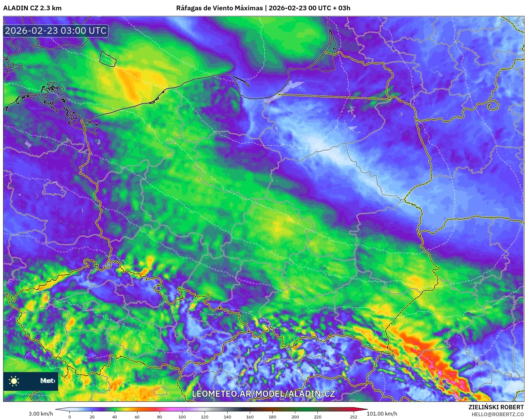 ALADIN CZ 2.3 km model - Polska, Maksymalne Porywy Wiatru