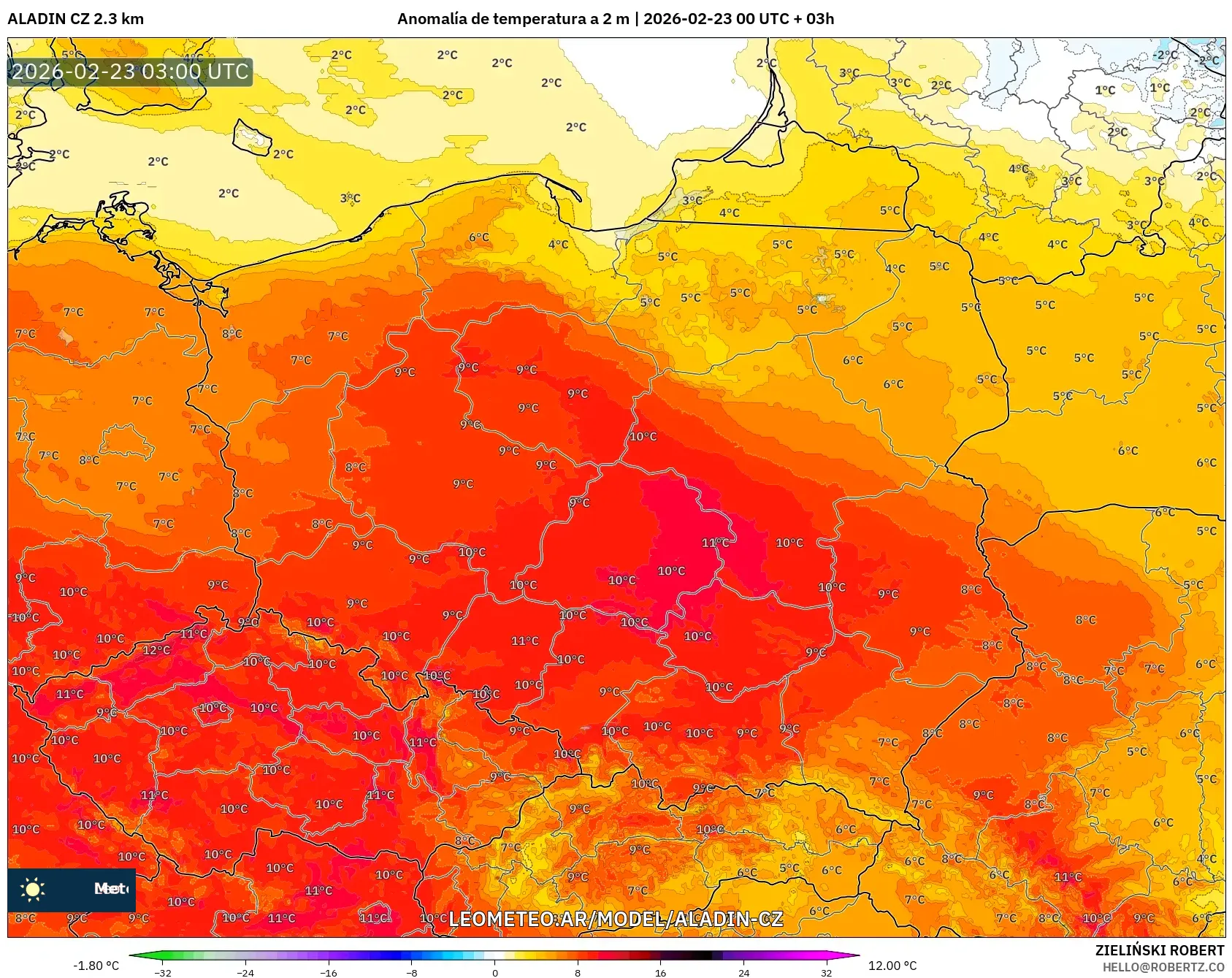 ALADIN CZ 2.3 km model - Polska, Anomalia temperatury na 2 m