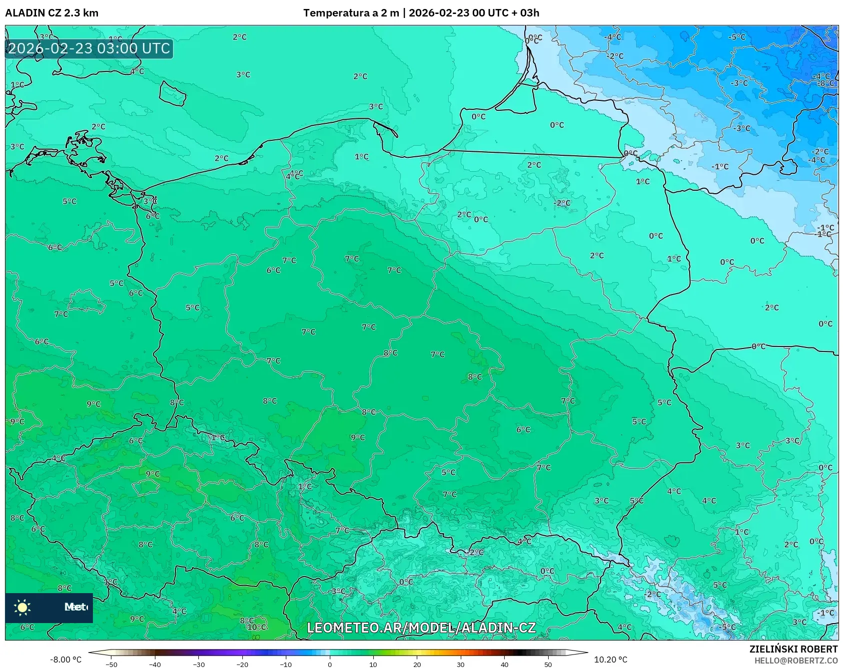ALADIN CZ 2.3 km model - Polska, Temperatura na 2 m