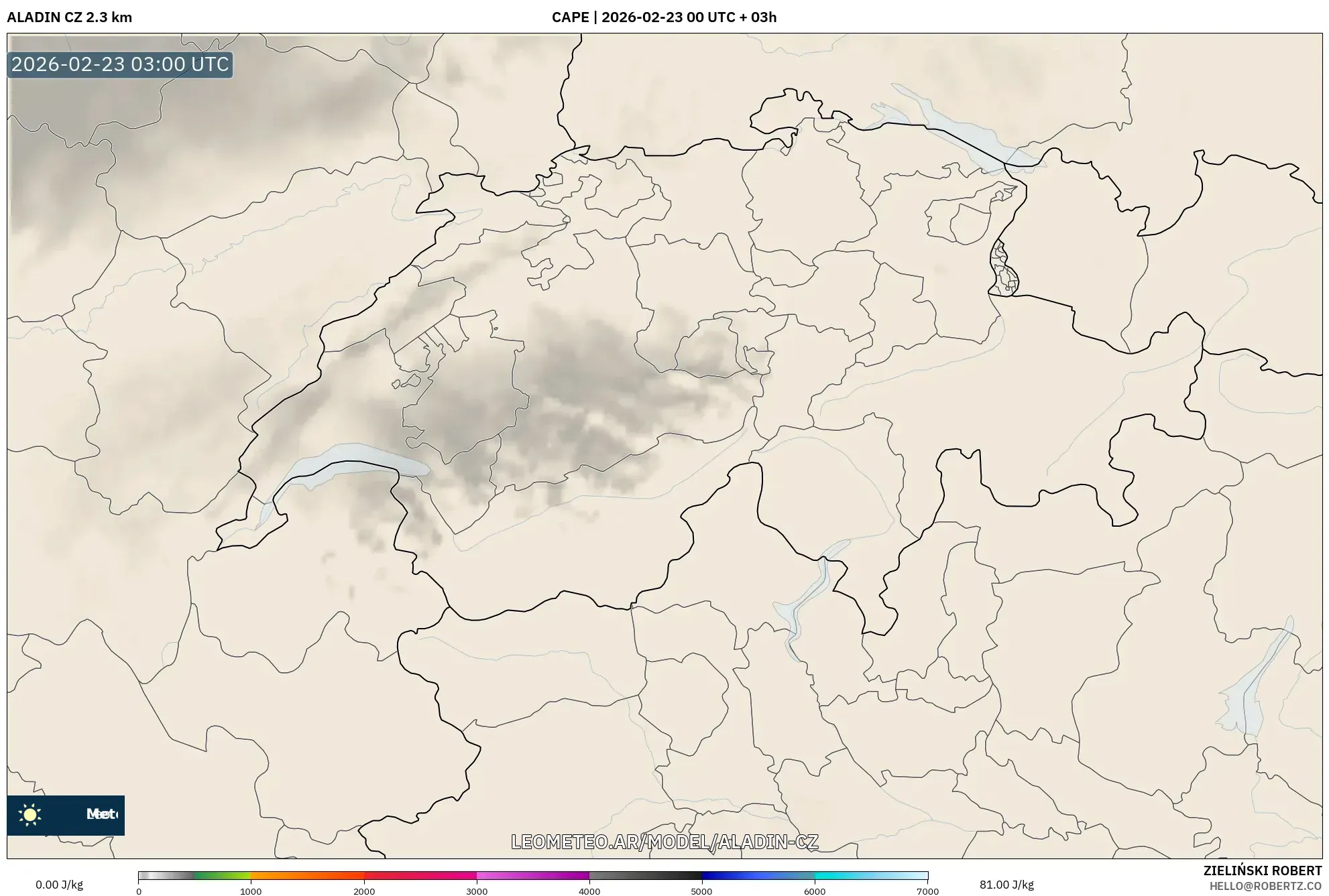 ALADIN CZ 2.3 km model - Szwajcaria, CAPE
