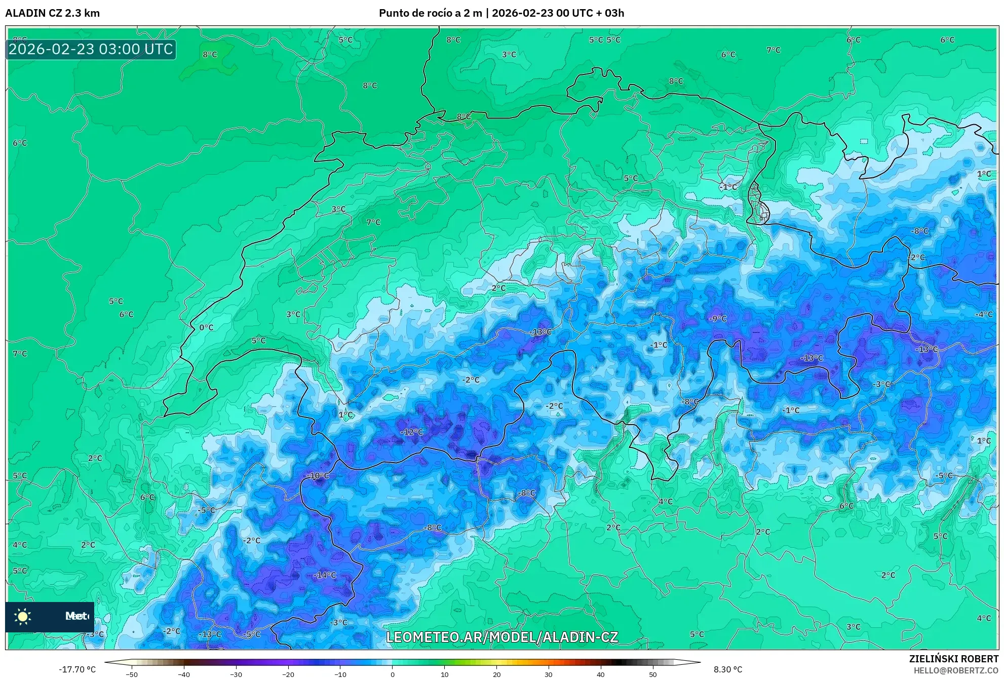 ALADIN CZ 2.3 km model - Szwajcaria, Punkt rosy na 2 m